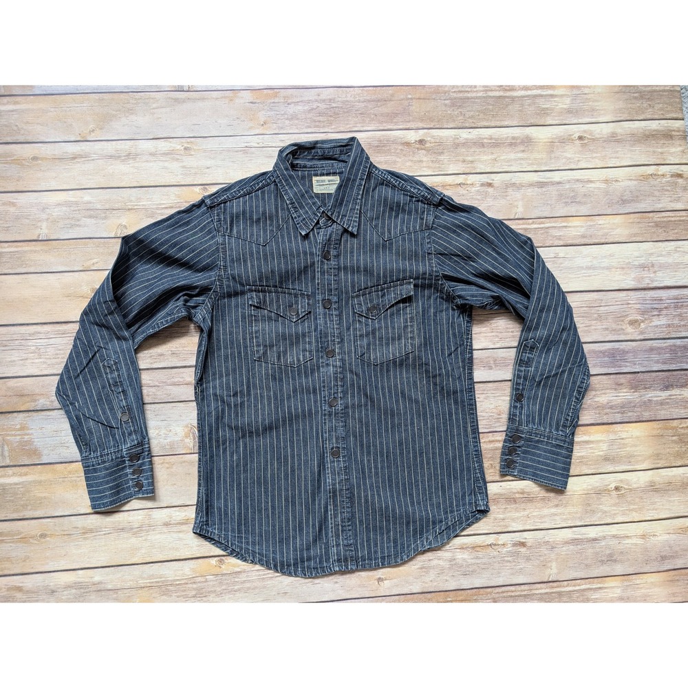 UES Wear Well Western Shirt Mens XS Cotton Indigo Hickory Long Sleeve Button Up